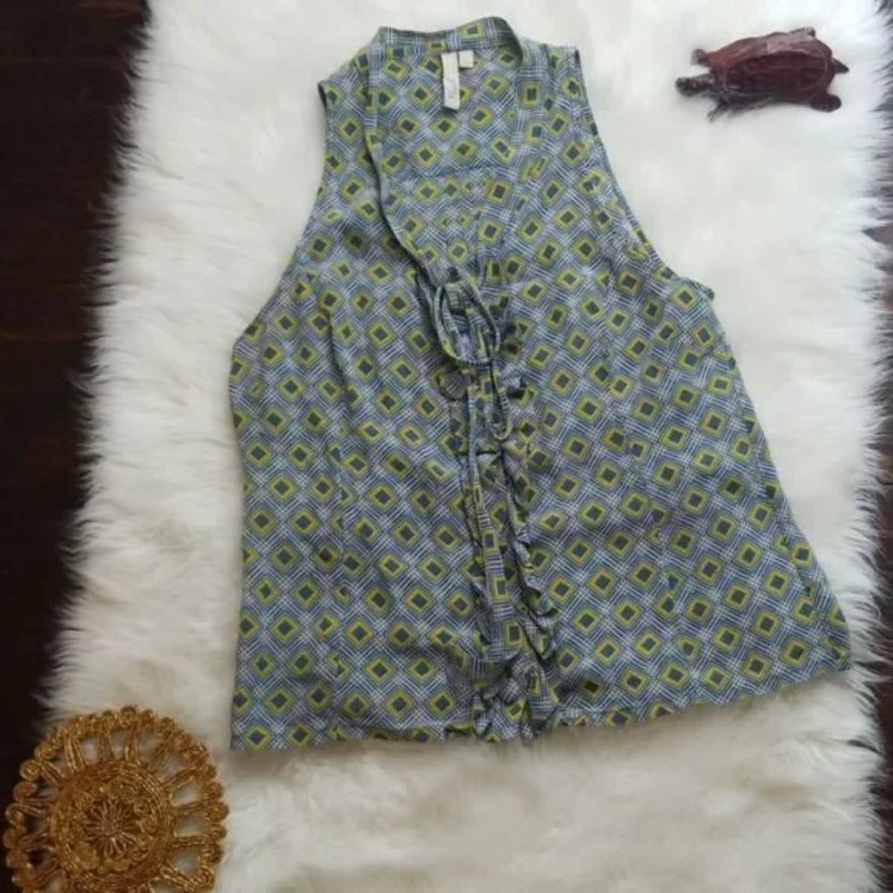 Fossil Geometric Sleeveless Ruffle Button Tie Up … - image 1